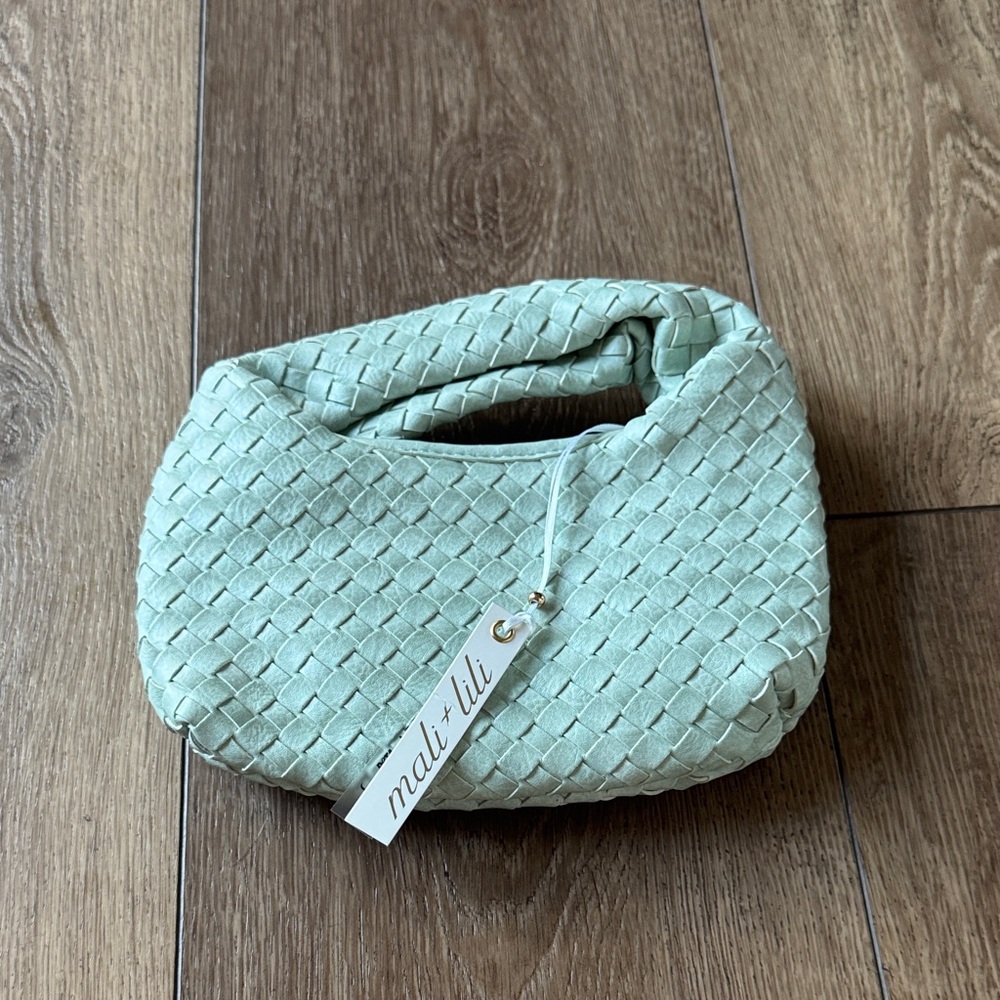 NWT Mali + Lili Libby Woven Sage Green Leather Twist Handbag